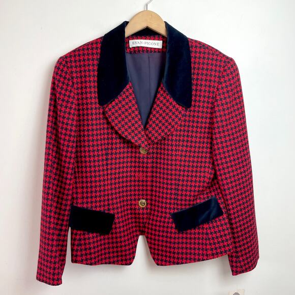 Evan Picone Jackets & Blazers - Vintage 90s Evan Picone Houndstooth Wool Blazer Medium Red Plaid Old Money
